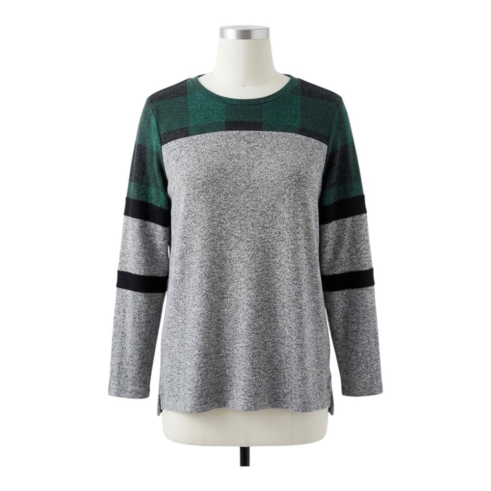 Maurices L Green Plaid Colorblock Gray Lightweight Knit Sweater Large